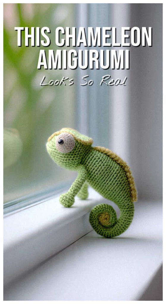 Chameleon amigurumi crochet doll on window ledge, so cute it stops you mid scroll, free pattern available in the link for creative crochet decor.