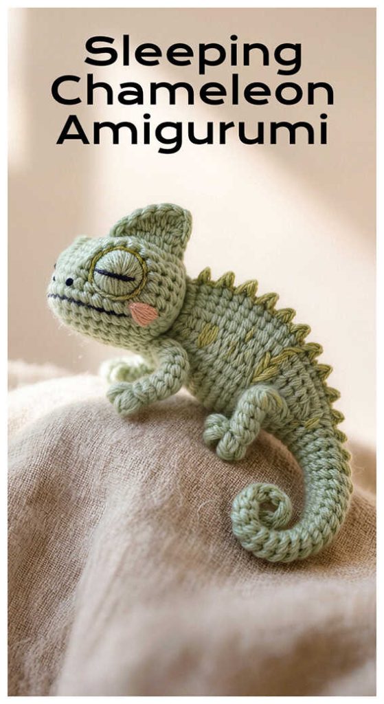 Sleeping chameleon amigurumi crochet toy on soft surface, too cute to scroll past, perfect for thoughtful handmade gifts or cozy decor pieces.