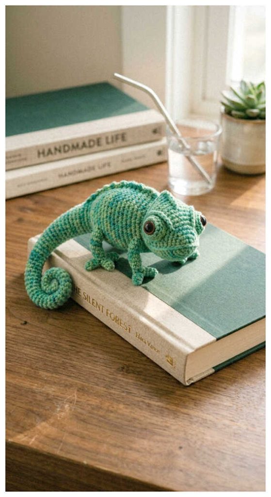 Chameleon amigurumi crochet toy on books, this is the one everyone wants to make, free pattern available in the link for a fun crochet project.