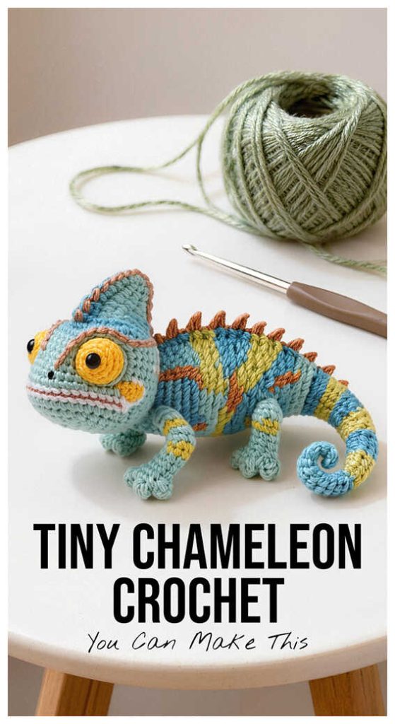 Tiny chameleon amigurumi crochet plush with yarn and hook, this one stands out right away, free pattern available in the link for a fun crochet project.