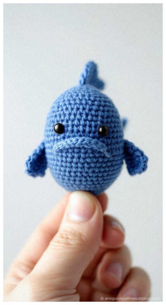 Fish amigurumi crochet doll in blue yarn held between fingers, tiny handmade plush you’ll want to make for gifts or nursery decor.