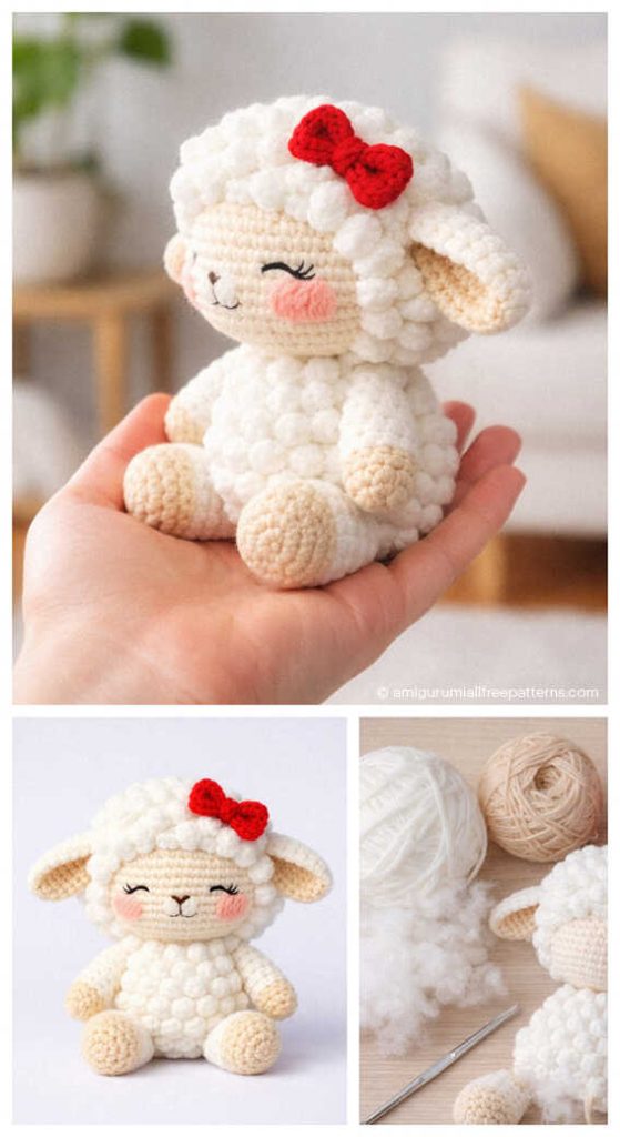 Tiny lamb amigurumi crochet doll with red bow held in hand, adorable handmade plush toy many crocheters love making for baby gifts and nursery decor.