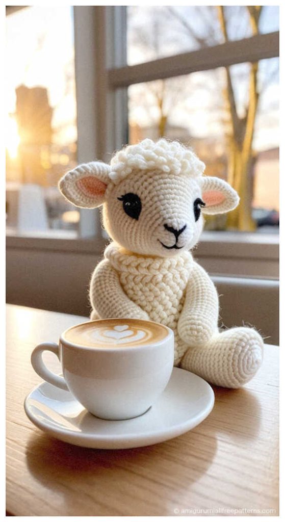 Cute lamb amigurumi crochet plush sitting beside coffee cup by the window, cozy handmade toy perfect for nursery decor or a thoughtful handmade gift.