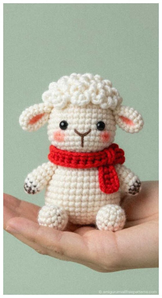 Little lamb amigurumi crochet toy with red scarf held in hand, charming handmade plush perfect for nursery decor or a sweet handmade gift.