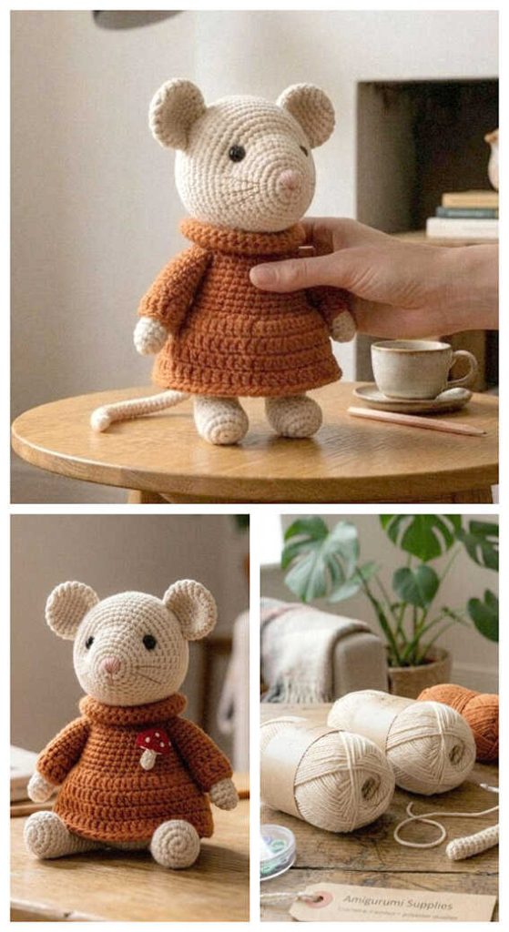 Cute mouse amigurumi wearing cozy brown dress sitting on table with coffee cup, styled as a handmade crochet plush toy for nursery decor or sweet gift idea.