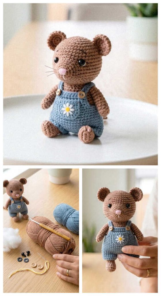 Little mouse amigurumi in blue overalls sitting on table, styled as a cute handmade crochet plush toy for nursery decor or baby shower gift idea.
