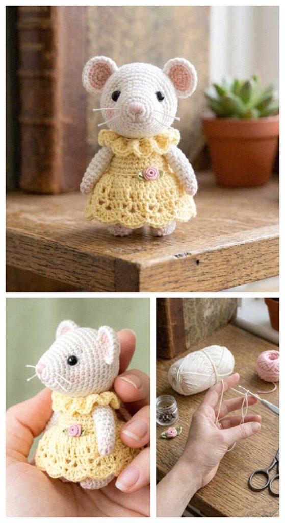 Cute mouse amigurumi in yellow dress sitting on wooden shelf, styled as a handmade crochet plush toy for nursery decor or sweet handmade gift idea.