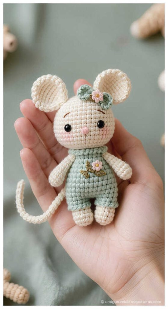 Tiny mouse amigurumi in mint overalls held in hand, styled as a cute handmade crochet plush toy for nursery decor or baby shower gift idea.