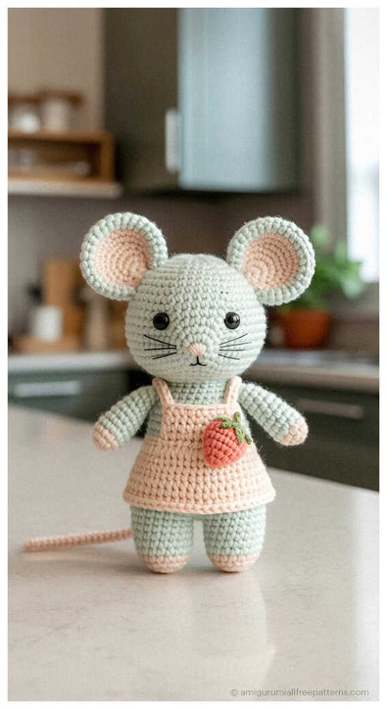 Cute mouse amigurumi wearing pastel dress standing on kitchen counter, styled as a handmade crochet plush toy for nursery decor or gift idea.