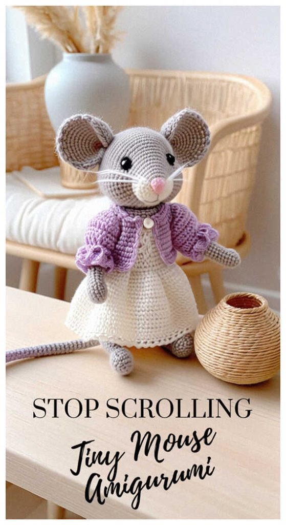 Tiny mouse amigurumi with purple cardigan standing on table, styled as a handmade crochet plush toy for nursery decor or sweet gift idea.