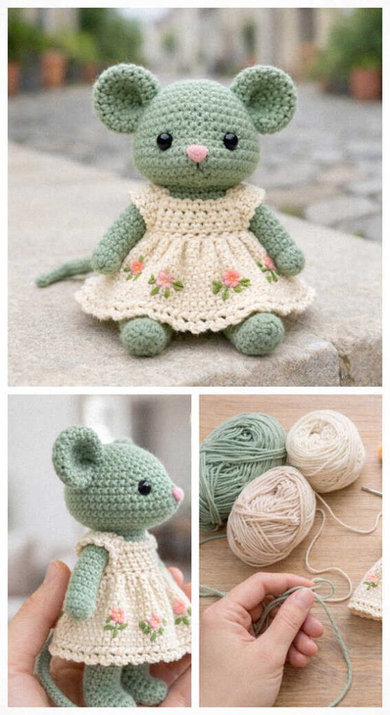 Green mouse amigurumi wearing floral dress displayed with yarn and crochet tools, styled as a handmade crochet plush toy for nursery decor or gift idea.