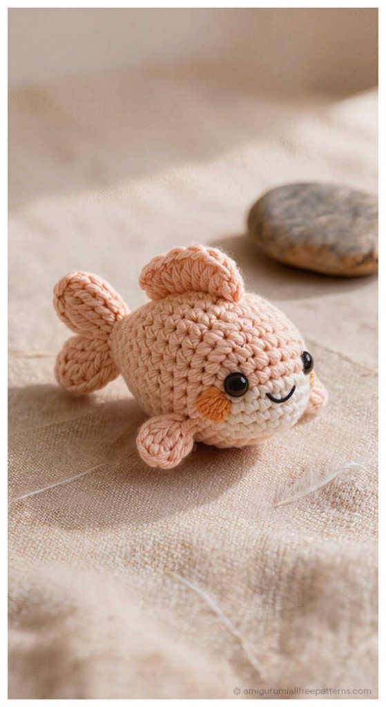 Fish amigurumi crochet doll with small fins on soft fabric, adorable handmade plush perfect for nursery decor or a sweet crochet gift.