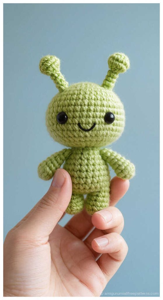Cute green alien amigurumi crochet toy held in hand, styled as a handmade sci fi themed gift idea for desk decor or collectible plush display.