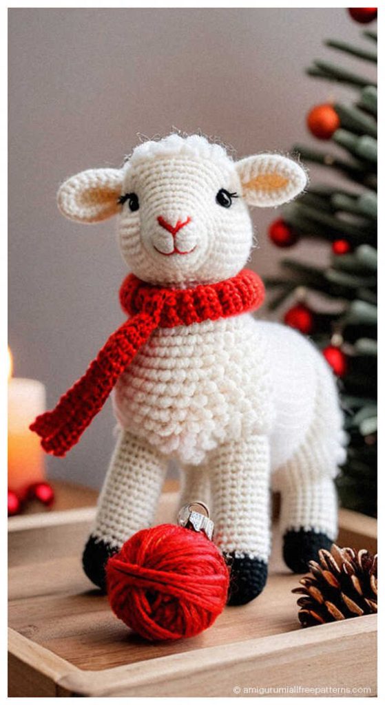 Cute lamb amigurumi crochet plush wearing red scarf on wooden tray, cozy handmade toy perfect for Christmas decor, nursery styling, or a sweet handmade gift.