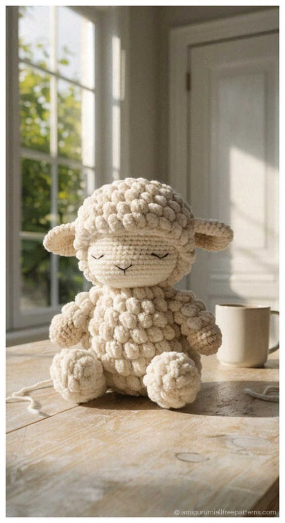 Soft textured lamb amigurumi crochet plush sitting by sunny window, cozy handmade toy many crocheters love for nursery decor and special handmade gifts.
