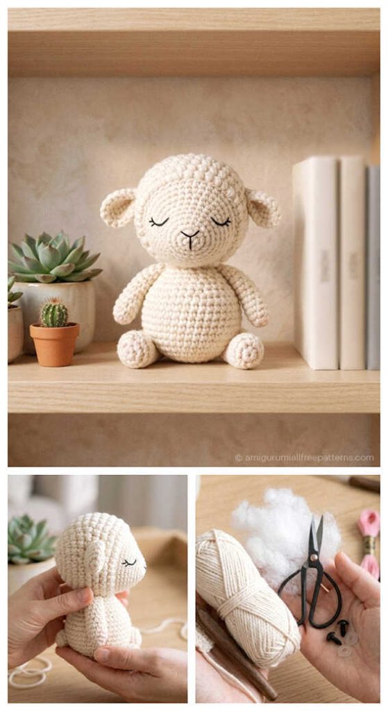 Adorable lamb amigurumi crochet doll sitting on wooden shelf with books and plant, charming handmade plush toy for nursery decor or thoughtful handmade gift.