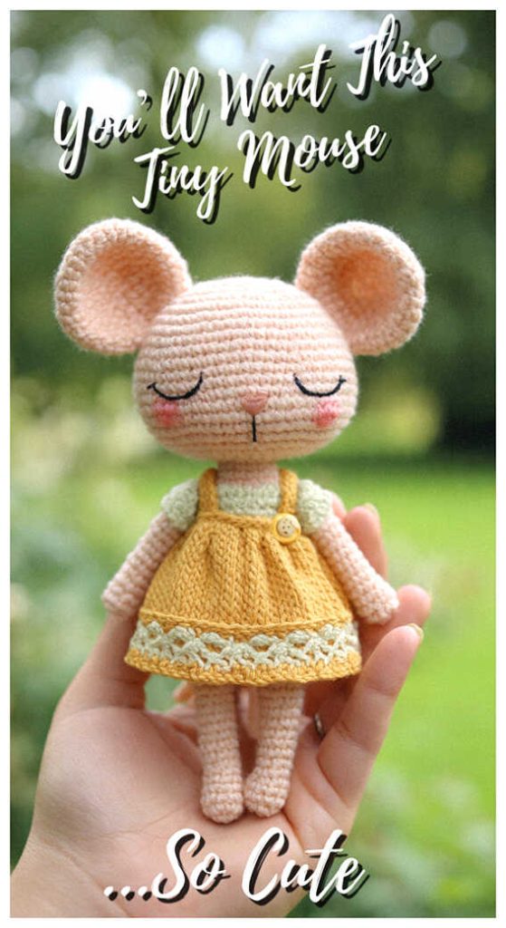 Cute mouse amigurumi wearing yellow dress held in hand outdoors, styled as a handmade crochet plush toy for nursery decor or baby shower gift idea.