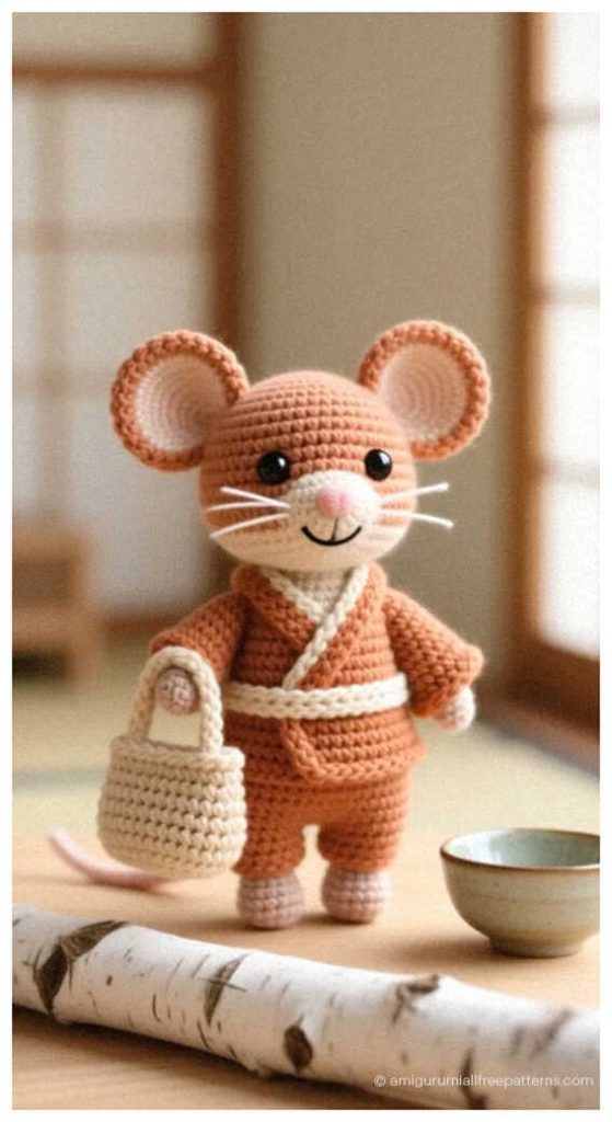 Little mouse amigurumi in brown outfit holding small bag, styled as a handmade crochet plush toy for nursery decor or sweet gift idea.
