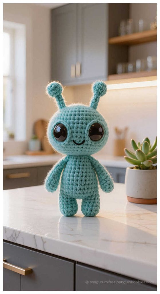Cute blue alien amigurumi crochet toy displayed on kitchen counter, styled as a handmade sci fi plush for desk decor or unique gift idea.