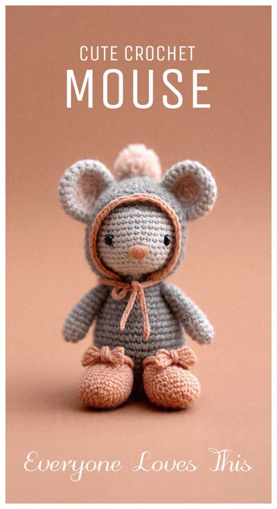 Cute crochet mouse amigurumi wearing hooded outfit standing on soft background, styled as a handmade plush toy for nursery decor or gift idea.
