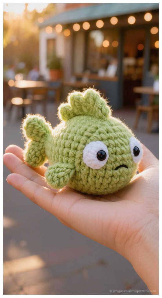 Fish amigurumi crochet toy in green yarn held in hand, cute handmade plush you’ll love for nursery decor or a fun crochet gift idea.