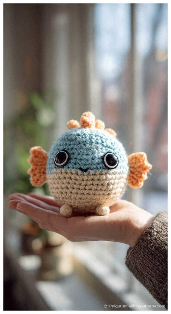 Fish amigurumi crochet plush with blue and orange details held in hand, adorable handmade toy you’ll want to make for gifts or nursery decor.