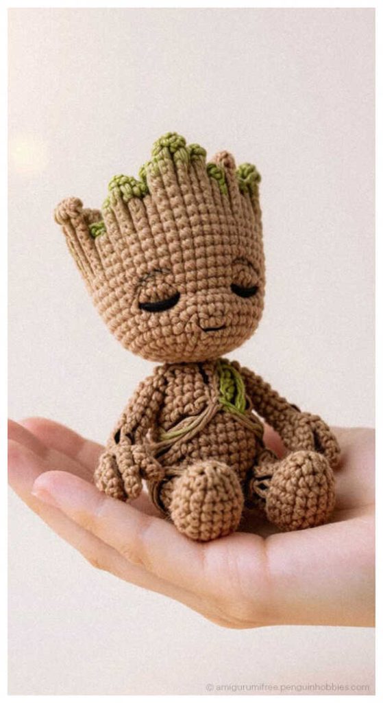Baby Groot amigurumi sitting in hand with cute leaf details, styled as a handmade crochet gift idea for Marvel fans and desk decor lovers.
