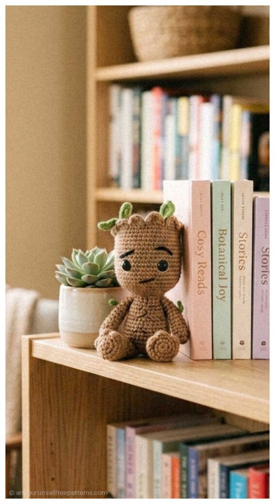 Baby Groot amigurumi sitting on bookshelf beside books and plant, styled as a handmade crochet desk decor piece for Marvel fans.