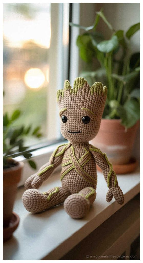 Baby Groot amigurumi sitting by window with plants, styled as a handmade crochet desk decor idea for Marvel themed room.