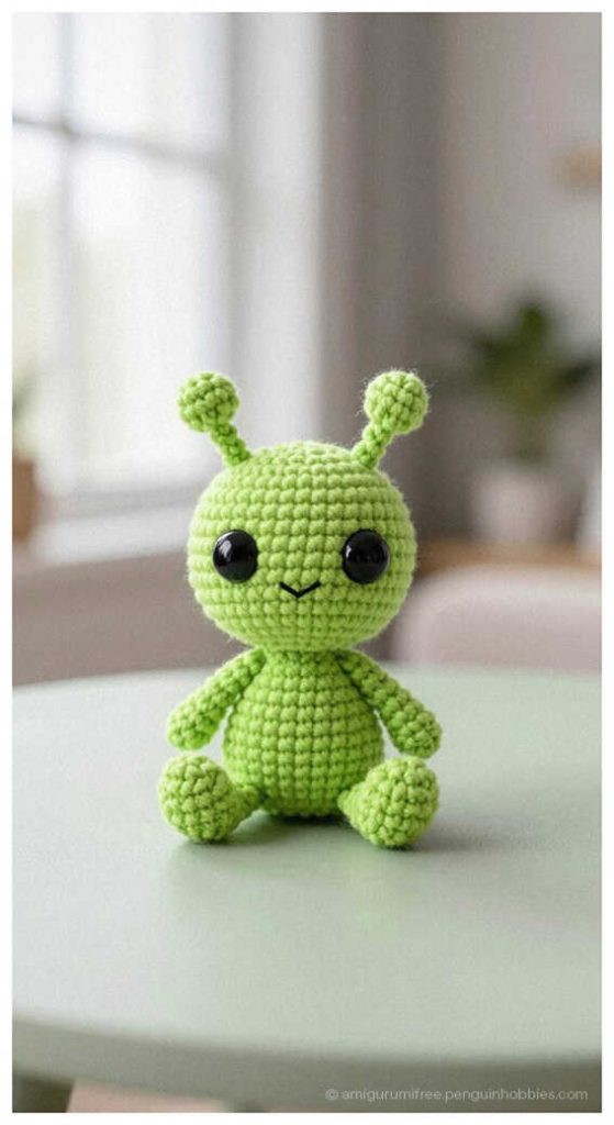 Small green alien amigurumi crochet figure sitting on table, styled as a handmade sci fi plush toy for desk decor or fun gift idea.