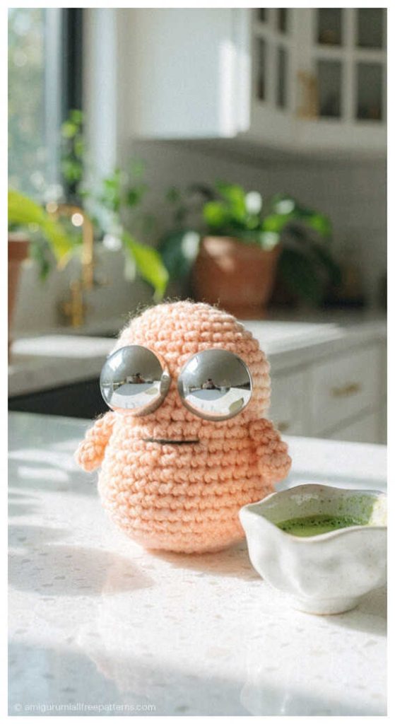 Cute peach alien amigurumi crochet doll with tiny sunglasses on kitchen counter, styled as a handmade sci fi plush toy for desk decor or fun gift idea.