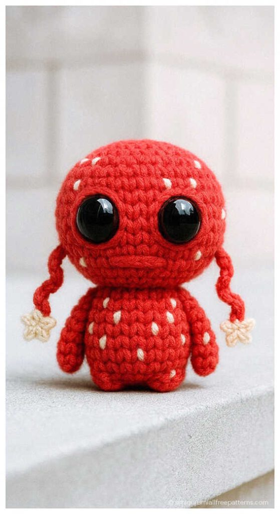 Bright red alien amigurumi crochet figure with big eyes, styled as a handmade sci fi plush toy for desk decor or unique handmade gift idea.