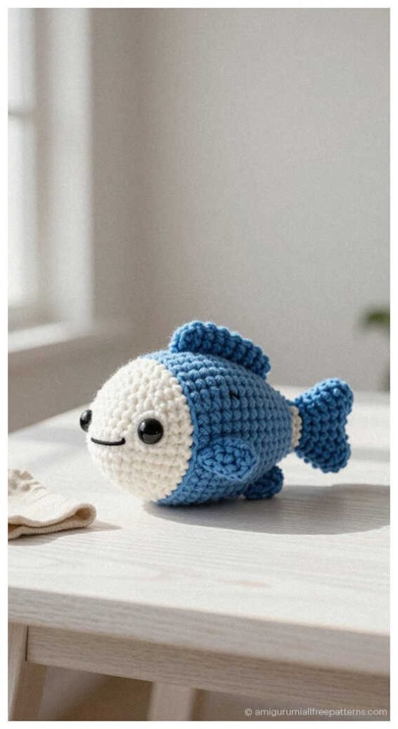 Fish amigurumi crochet toy in blue yarn on table, cute handmade plush you’ll love for nursery decor or a thoughtful crochet gift.