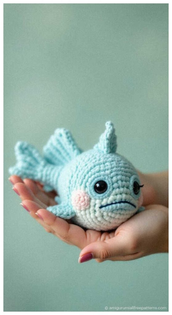 Fish amigurumi crochet plush with big eyes held in hand, adorable handmade toy you’ll want to make for gifts or nursery decor.