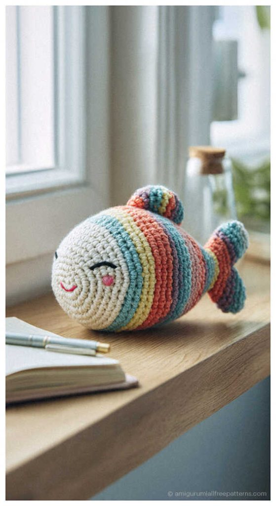 Fish amigurumi crochet doll with colorful stripes on desk, cute handmade plush perfect for nursery decor or a fun crochet gift idea.