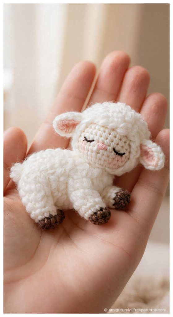 Tiny lamb amigurumi crochet plush sleeping in hand, adorable handmade toy that makes a sweet nursery decor piece or a thoughtful handmade baby gift.