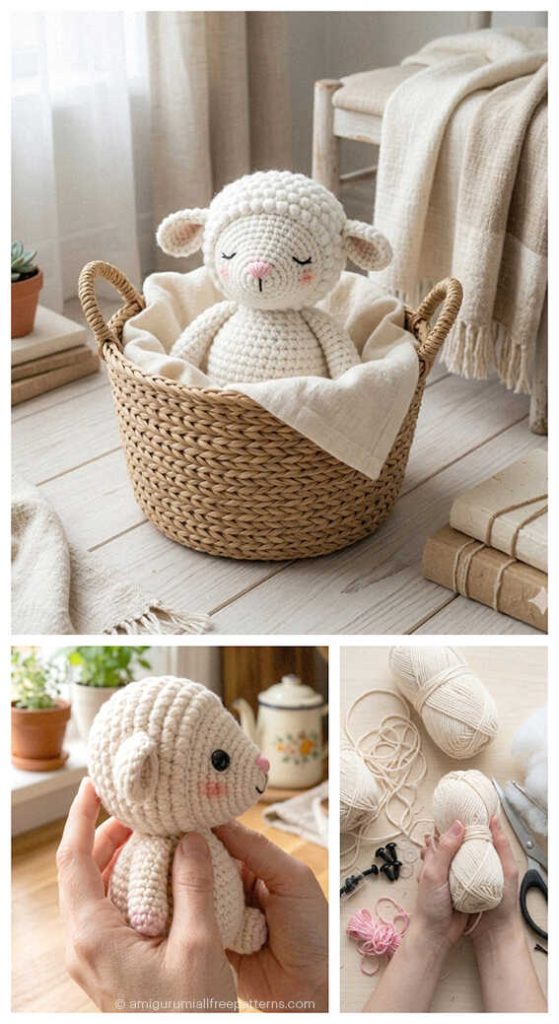 Tiny lamb amigurumi crochet plush sleeping in hand, adorable handmade toy that makes a sweet nursery decor piece or a thoughtful handmade baby gift.