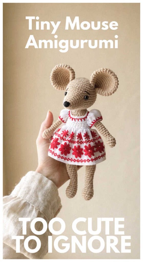 Tiny mouse amigurumi wearing red patterned dress held in hand, styled as a cute handmade crochet plush toy for nursery decor or sweet gift idea.