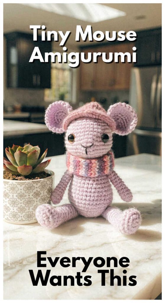 Pink tiny mouse amigurumi sitting beside plant pot on counter, styled as a cute handmade crochet plush toy for nursery decor or gift idea.
