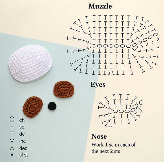 amigurumi crochet face parts diagram eyes nose muzzle pattern free