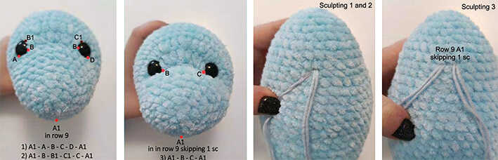 baby dolphin amigurumi crochet face sculpting eye shaping details free pattern