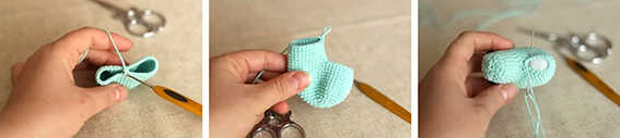 Bird amigurumi crochet body shaping step shown in hand, small crochet piece being formed before assembly for a simple amigurumi pattern process.