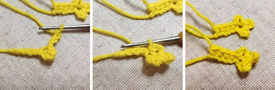 Bird amigurumi crochet feet pieces being made step by step, small yellow crochet parts shown during process for a simple amigurumi pattern.