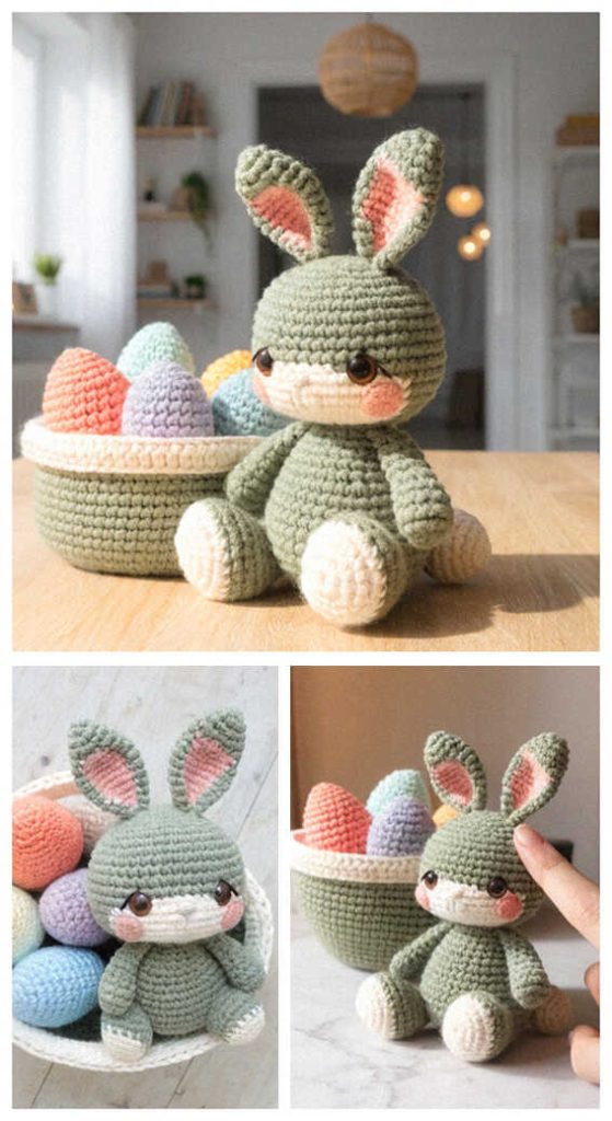 crochet bunny with basket eggs cute plush handmade gift idea