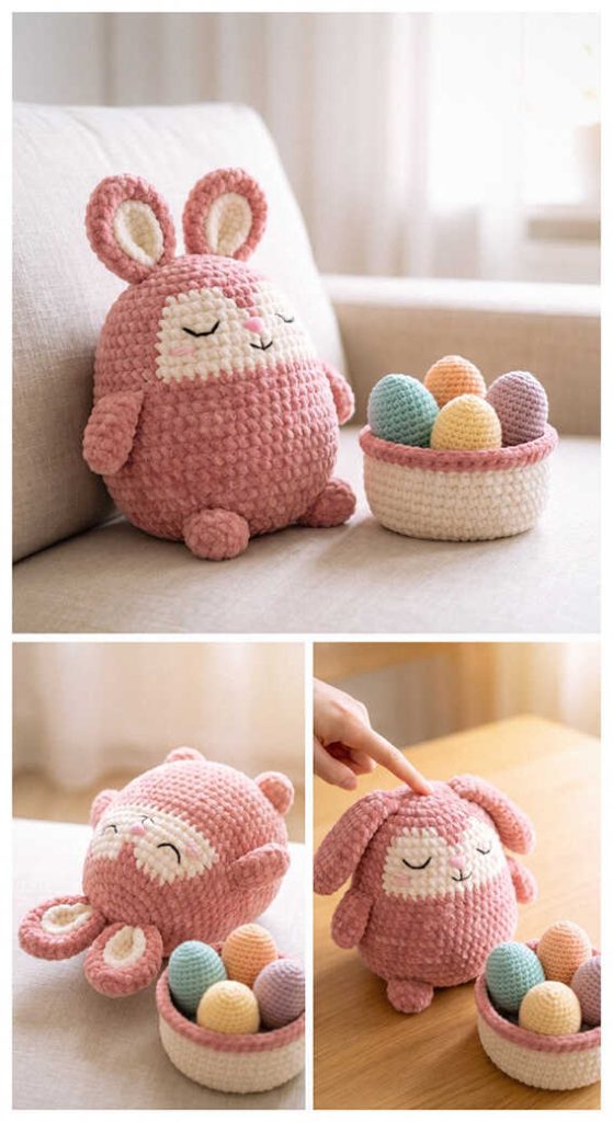 pink bunny amigurumi crochet with basket cute plush gift idea