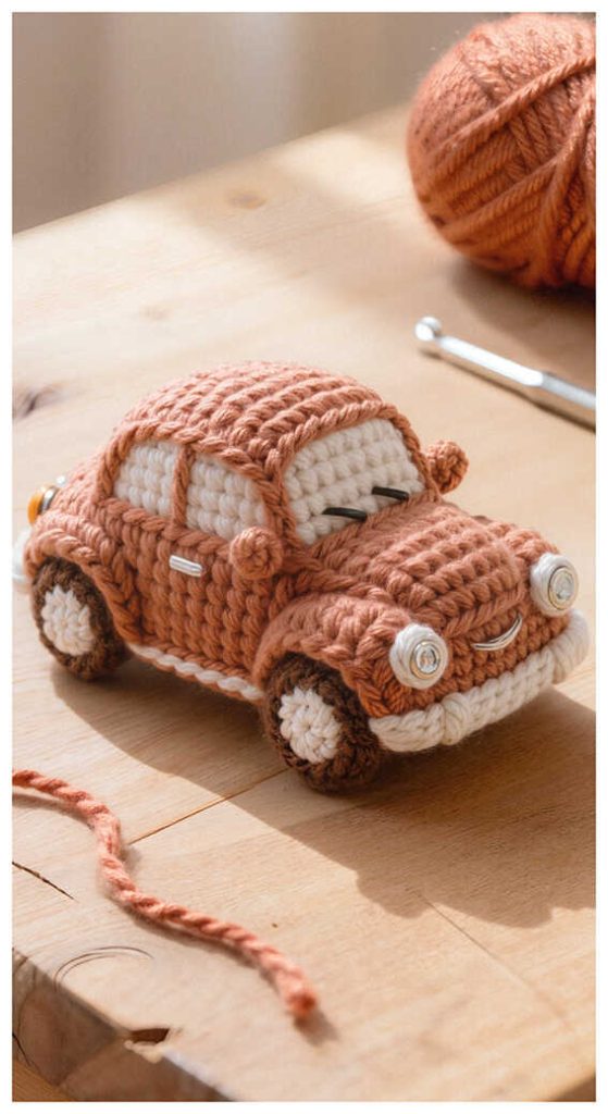crochet car amigurumi handmade toy on table cute small car idea