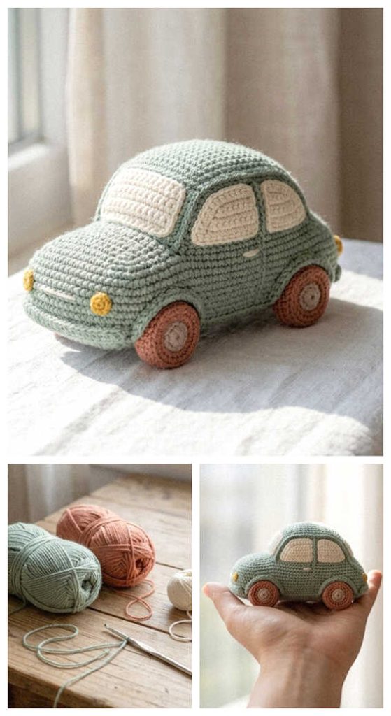 cute crochet car amigurumi soft pastel toy cozy handmade car idea