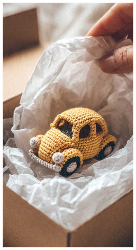 tiny crochet car amigurumi in box cute small handmade toy idea