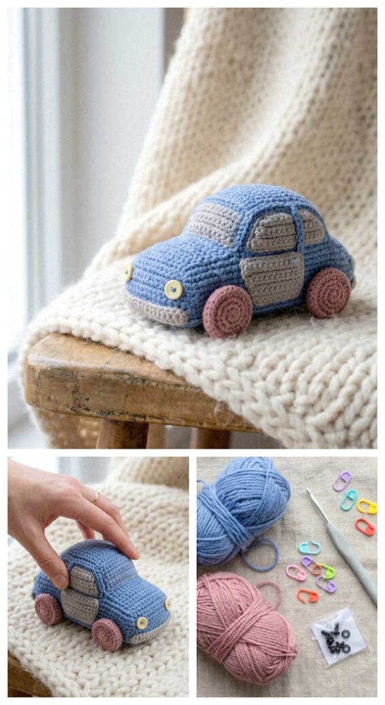 mini crochet car amigurumi on blanket cute soft handmade toy cozy idea