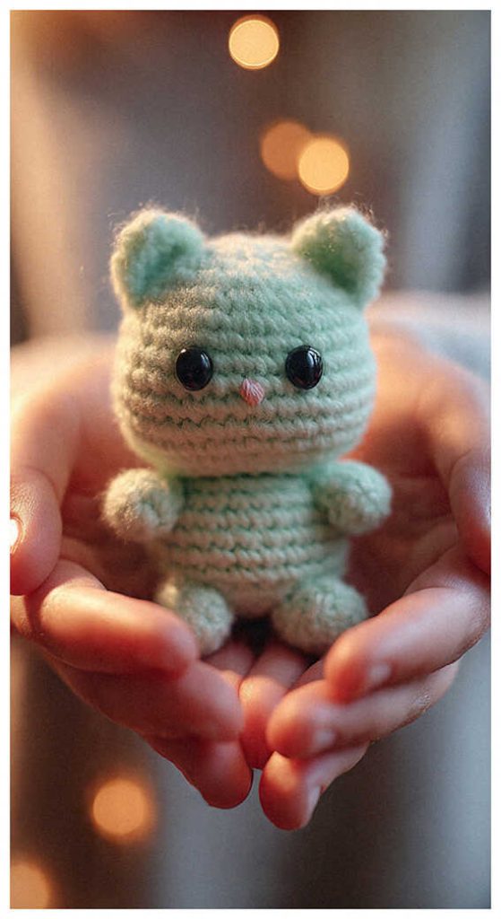 tiny crochet cat amigurumi in hands cute small plush cozy handmade toy idea